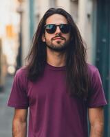 Stylish model displays a blank t-shirt while posing outdoors photo