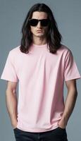 A model displays a pink t-shirt while looking confidently into the camera photo