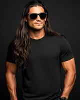 Striking model showcases a blank tee with a bold, charismatic presence photo