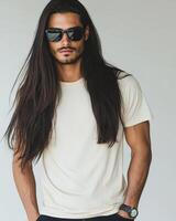 Model poses confidently in a blank t-shirt, exuding a stylish bad-boy vibe photo