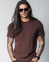 Model with long hair wears a blank t-shirt, exuding a cool, rebellious vibe photo