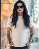 A confident model showcases a blank t-shirt with an urban touch photo