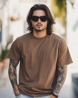 Handsome model poses confidently, wearing a stylish blank t-shirt and sunglasses photo