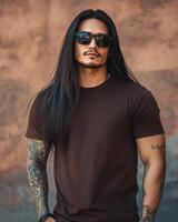A handsome model poses confidently in a blank t-shirt under bright sunlight photo