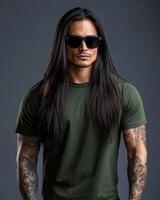 A model flaunts a blank t-shirt, exuding a cool and confident vibe photo