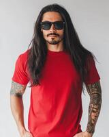 Model displays a blank t-shirt, exuding confidence and style indoors photo