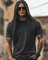 A model stands confidently in a blank t-shirt, exuding a cool vibe photo
