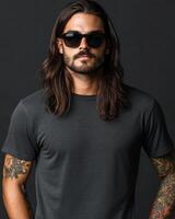Model exudes confidence while presenting a blank t-shirt in urban style photo