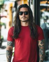 A model showcases a blank t-shirt while exuding a cool, confident vibe photo
