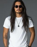 Model with long hair poses confidently in a blank t-shirt, exuding charm photo