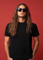 Model with long hair poses confidently, displaying a plain t-shirt effortlessly photo