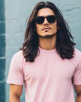 Model wears a blank t-shirt, exuding confidence and style in an urban setting photo