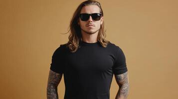 Model with long hair poses confidently, displaying a plain t-shirt effortlessly photo