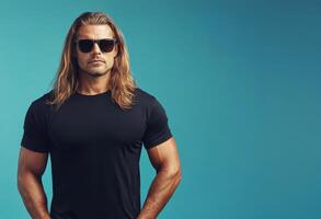 Model with long hair poses confidently, displaying a plain t-shirt effortlessly photo