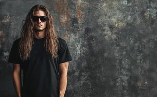 Model with long hair poses confidently, displaying a plain t-shirt effortlessly photo