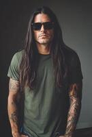 Handsome model stands confidently in a blank t-shirt, exuding a cool vibe photo