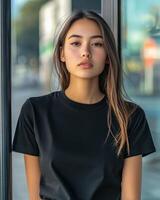 A female model poses with grace in a stylish blank black t-shirt photo