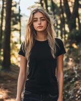 A female model poses confidently in a black t-shirt amidst lush greenery photo