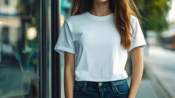 A model proudly displays a plain white t-shirt in a trendy cityscape photo