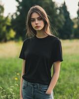 A model stands confidently in a blank black t-shirt surrounded by nature photo