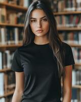 A young woman showcases a blank black t-shirt in a cozy library setting photo