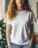Fashionable model poses in a bright indoor space showcasing a simple t-shirt photo