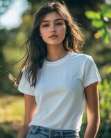 A young woman wearing a blank white t-shirt stands in a lush green environment photo
