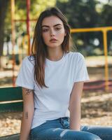 Young model sitting in a park, casually highlighting a blank white t-shirt photo