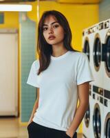 A confident model showcases a blank white t-shirt in a vibrant laundry room photo
