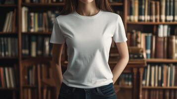 Model poses in a blank white t-shirt amid a bookshelf backdrop photo
