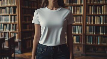 A female model poses in a simple white t-shirt amidst a library's bookshelves photo