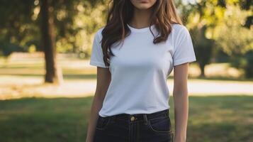 A woman stands confidently wearing a blank white t-shirt in a park photo