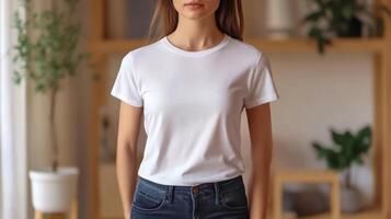 Model showcases a plain white t-shirt in a stylish indoor environment photo
