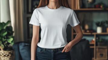 Model showcases a blank t-shirt while posing casually at home photo