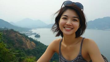 A cheerful woman smiles widely at a stunning mountain view photo
