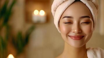 A joyful woman experiences pure bliss while at a calming spa retreat photo
