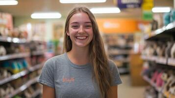 A young woman beams with joy while browsing a pet store full of pets photo