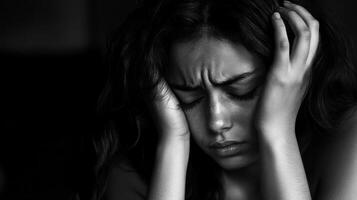 A woman shows signs of fatigue and stress in a dark, quiet environment photo