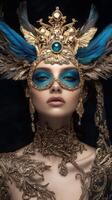 A stunning woman captivates with her elaborate costume and makeup at dusk photo