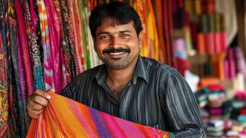A friendly seller presents a beautiful fabric to eager shoppers nearby photo