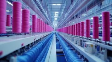 Vibrant spools line the factory floor, showcasing the textile manufacturing process photo