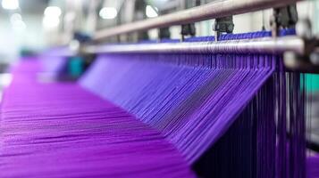 Threads of deep purple flow gracefully through a textile creation process photo
