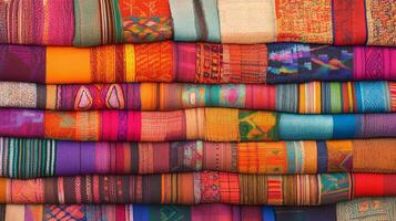 Colorful fabric rolls showcase diverse patterns in a lively market atmosphere photo