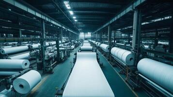 Large rolls of paper are being processed in a vibrant paper mill photo