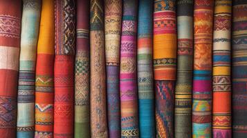 Colorful fabrics showcase intricate patterns and textures in a lively market photo