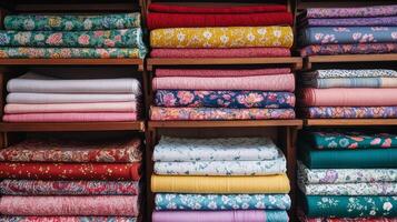 A vibrant collection of folded floral fabrics showcases various patterns and colors photo