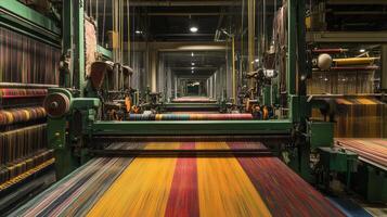 Looms create beautiful patterns in a textile factory lit under soft lighting photo