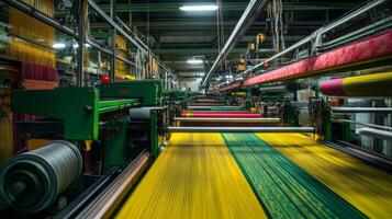 Machines hum as colorful threads intertwine to create beautiful textiles photo