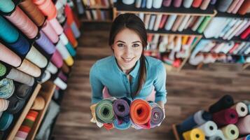 A cheerful woman displays an array of colorful fabric rolls in a crafting space photo