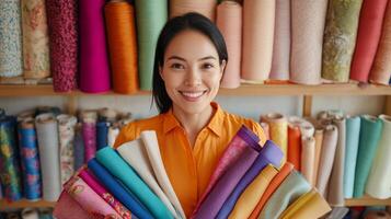 A woman holds an array of vibrant fabrics while smiling amidst bolts of textiles photo
